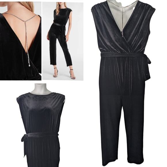 Express Velvet Jumpsuit Black Large Rhinestone Jewel Witchy Goth Drapey Cocktail - Picture 1 of 16